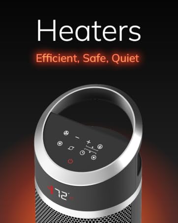 Image of digital display of tower heater with text reading heaters efficient safe quiet.