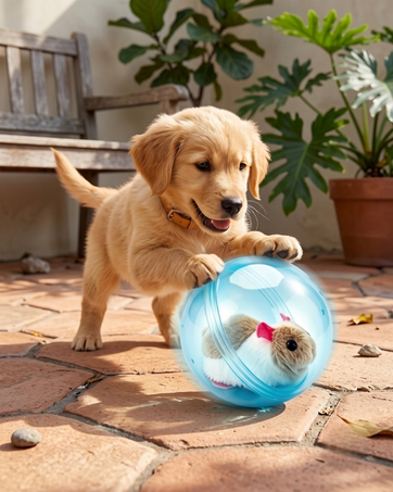 A pet chasing after smart dog toys for small dogs in a living room.