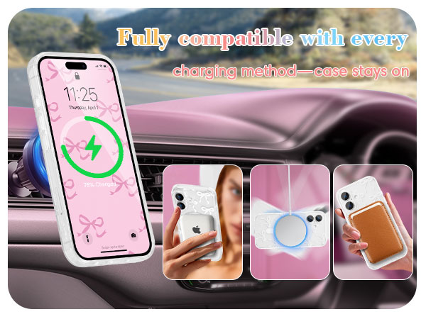 Text reads 'Fully compatible with many'. Multiple images showing smartphone mounts in car settings with various phone positions and mounting options.