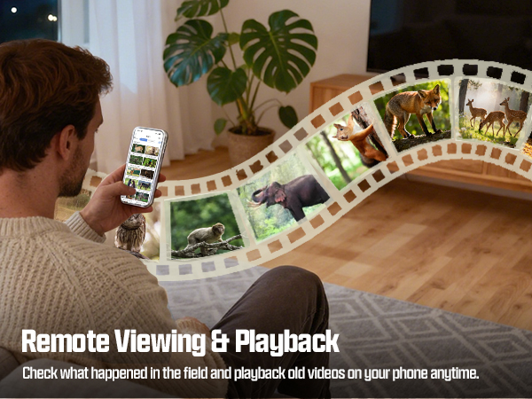 Text reads 'Remote Viewing & Playback' and 'Check what happened in the field and playback old videos on your phone anytime.' Panoramic image showing mobile app interface demonstration.