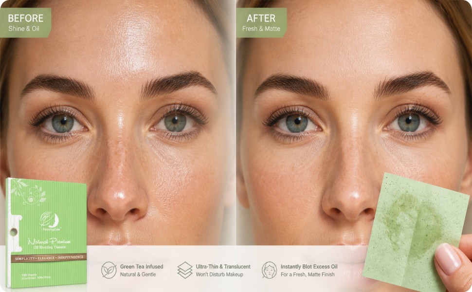 Before-after face comparison showing oil control effect