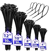 Black Zip Ties Assorted Sizes 4+6+8+10+12-Inch,600PCS Multi-Purpose Self-Locking Nylon Cable Tie,...
