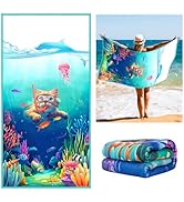 Vimorco Beach Towel Diving Cat, Funny Cat Dolphin Jellyfish Beach Towel, Cotton Blend Soft Velour...