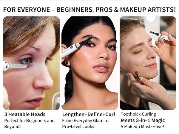 Multi-purpose beauty tool with three interchangeable heads for curling eyelashes. Shows tool in use on models, demonstrating various application techniques.