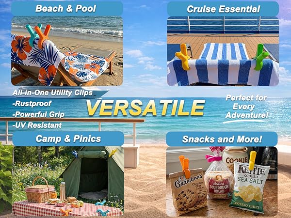 versatile clips for snacks/table clips, fort clips, cruise towel clips beach towel holders