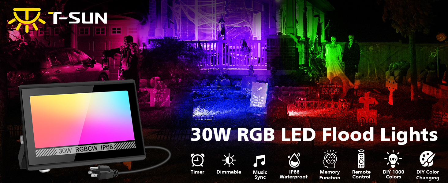 T-SUN 30W RGBCW LED Flood Lights Bluetooh and Remote