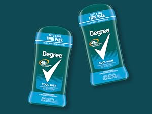 Top view of two Degree antiperspirant deodorant sticks over a dark green background.