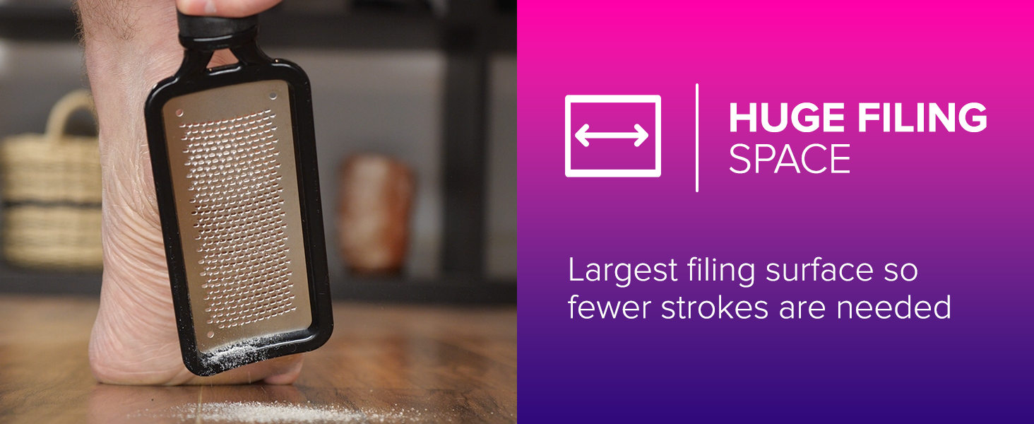 Handheld grater with large grating surface and black handle, shown against a pink background with text describing its 'huge filing space'.