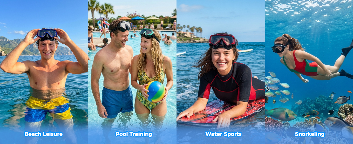 Four photos: child swimming in pool, person snorkeling, packed snorkel set, and freediver diving.