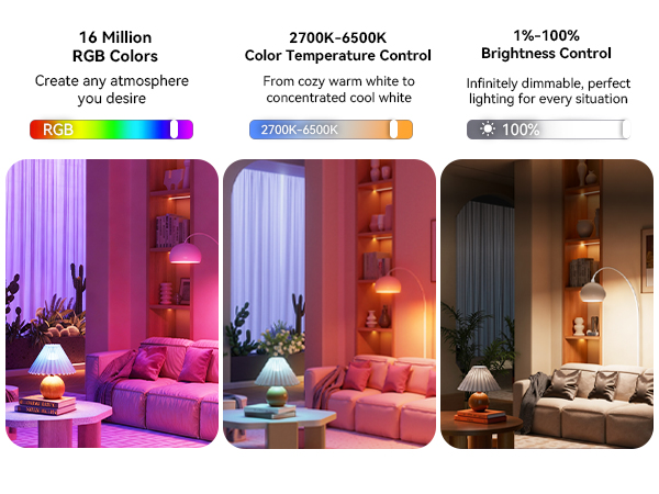 Smart light bulb with 16 million RGB color, 2700K-6500K tunable white light, and dimmable brightness