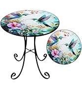 VEWOGIFT Outdoor Side Table, Hummingbird & Flower Round Accent Table, 18" Metal Indoor Small End ...