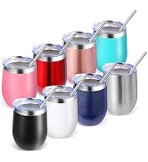 Volhoply 12oz Stainless Steel Wine Tumbler with Lid Bulk 8 Pack,Double Wall Vacuum Stemless Wine ...