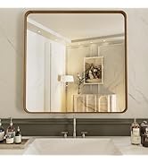 LOAAO 36X36 Inch Bathroom Mirror with Wood Grain Colored Metal Frame, Rounded Rectangle Metal Fra...