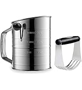 Flour Sifter 3 Cup Stainless Steel Rotary Hand Crank Sifter with 16 Fine Mesh Screen and 4 Wire A...