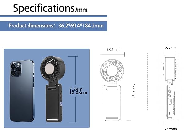 Text reads 'Specifications/mm' and 'Product dimensions: 36.2*69.4*184.2mm'. Technical diagram showing portable fan device with front and side views, dimensional measurements, and component specifications on blue background.
