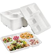 Hacaroa 50 Pack 5-Compartment Compostable Paper Plates, Natural Disposable Bagasse School Lunch T...