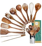 Kitchen Utenails Set with Holder,Kitchen Wooden Utensils for Cooking, Wood Utensil Natural Teak W...