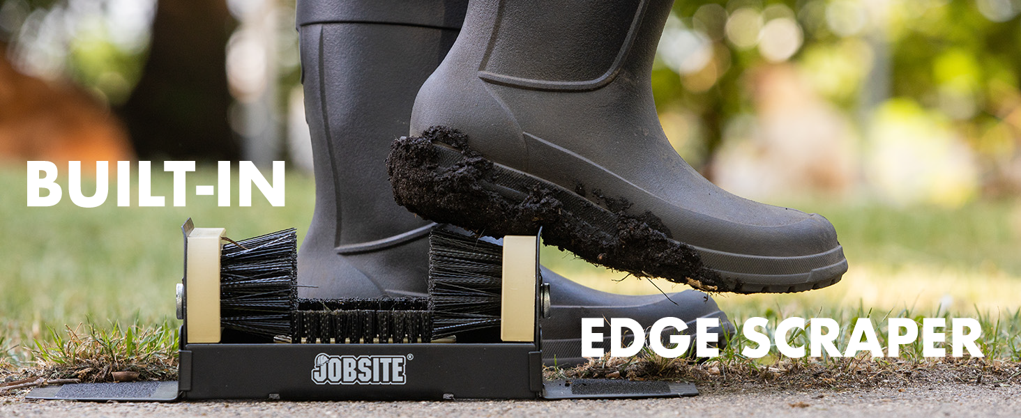 Mud being scraped off a work boot. Text reads "built-in edge scraper"