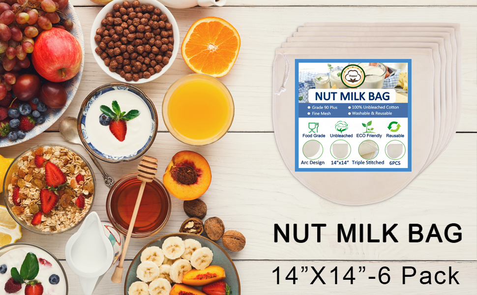 Nut Milk Bag 14“x14”-6 pack for straining reusable