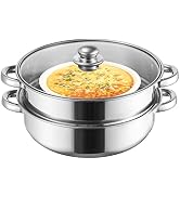 ZENFUN 2 Quart Steamer Pot with Steamer Insert, 2 Tier Stack and Steam Pot Set with Glass Lid, St...