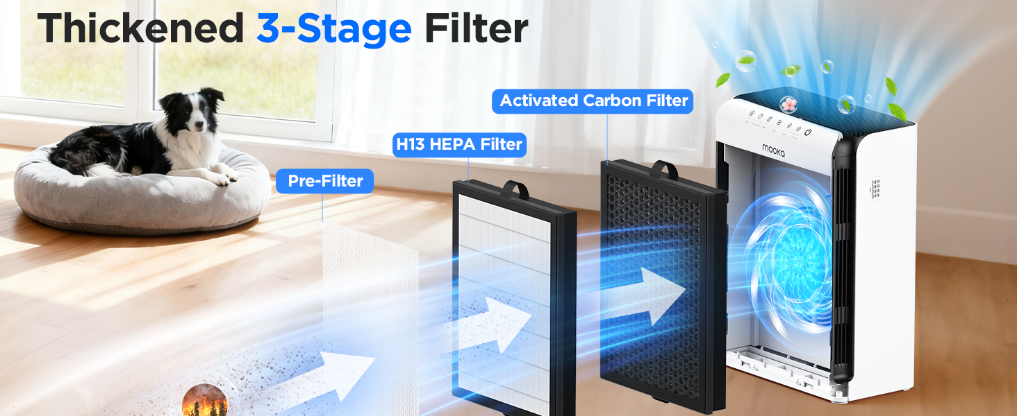 Air purifier with 3 stage H13 HEPA filter, removes pet dander smoke and odors for cleaner home air