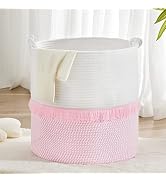 YOUDENOVA Woven Storage Basket, Baby Hamper for Nursery Girl, Pink Decorative Basket with Cute Kn...