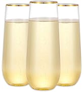 N9R 12PCS Plastic Champagne Flutes, 9 oz Stemless Disposable Gold Rim Toasting Glasses, Crystal C...