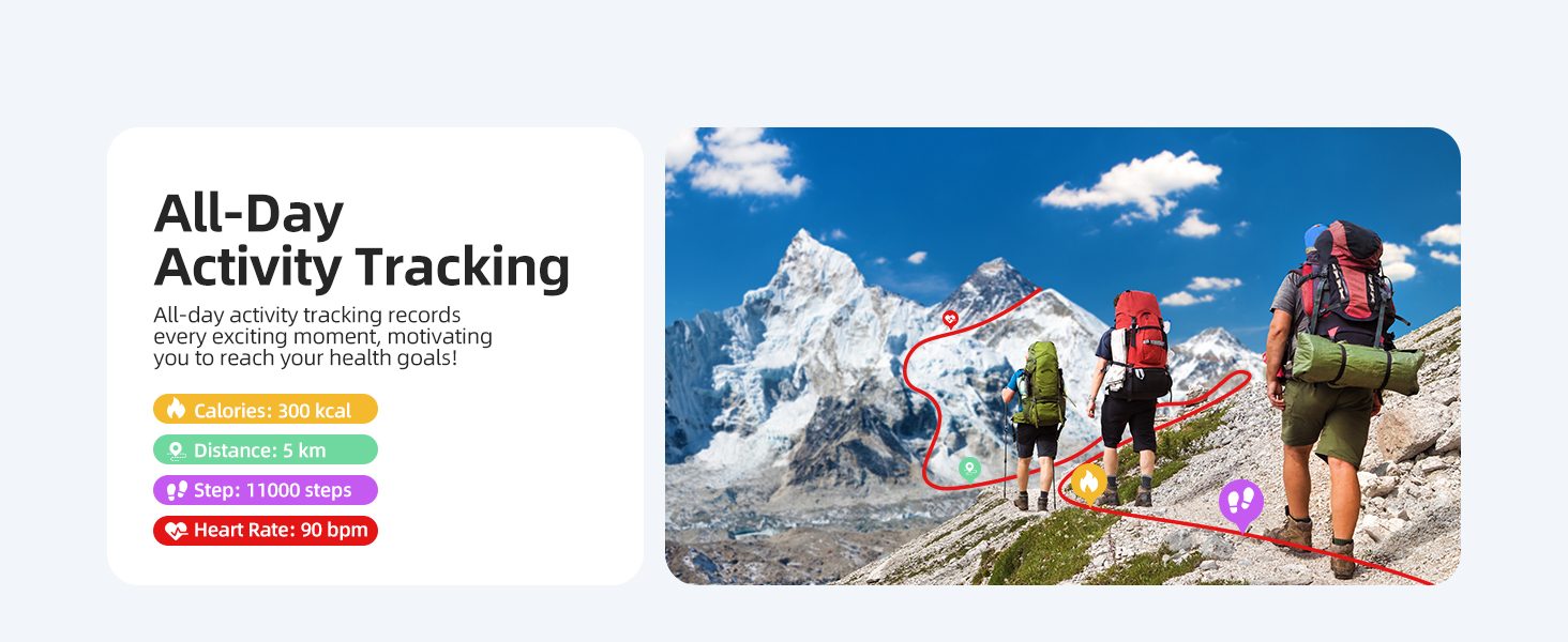 Split image: Left shows colorful activity tracking chart. Right displays hikers on a mountain trail with snowy peaks in background.