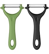Two vegetable peelers with Y-shaped ergonomic handles, one in green and one in black. Each features a stainless steel blade and finger hole in handle.