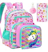 gxtvo 3PCS Girls Backpack, 16" Sequin Prechool Elementary Bookbag and Lunch Box