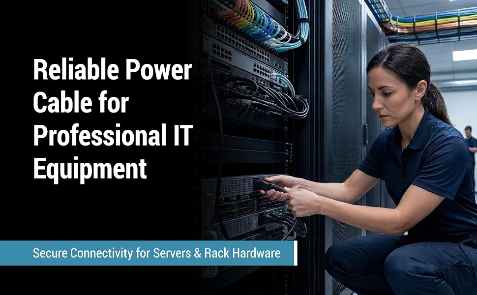IT technician connects a power cord to rack-mounted server equipment in a data center.