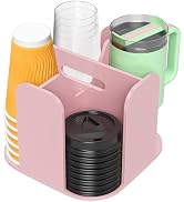Rulyyo 4-Compartment Countertop Cup Dispenser - Pink Acrylic Cup and Lid Carousel Coffee Bar Acce...