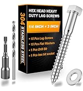 Xpokcai 15 Sets 1/4" x 3" Hex Head Lag Screws for Wood, Hex Head Lag Bolts,304 Stainless Steel 18...