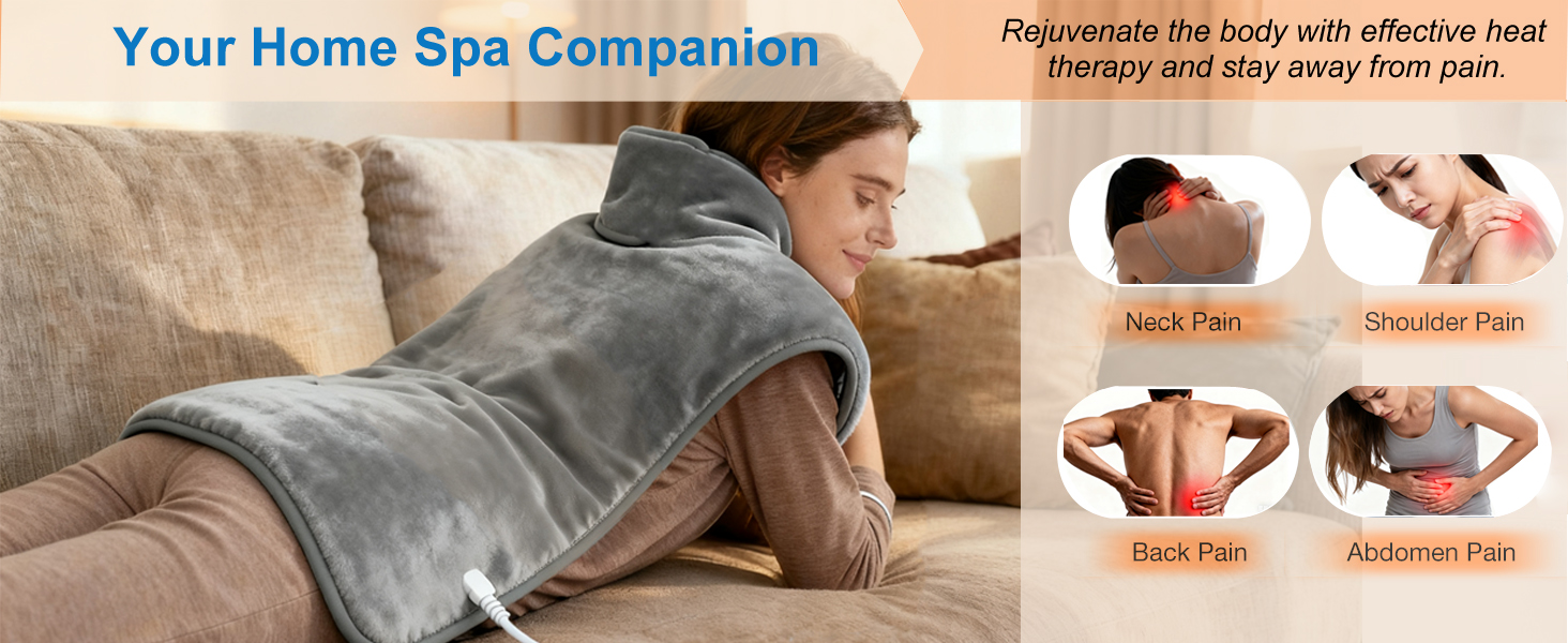 Large heating pad relieves neck shoulder back pain and menstrual cramps for heat therapy at home