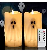 Lasumora Halloween Ghost Flameless Pillar Candles with Remote Timer, Battery Operated LED Candles...