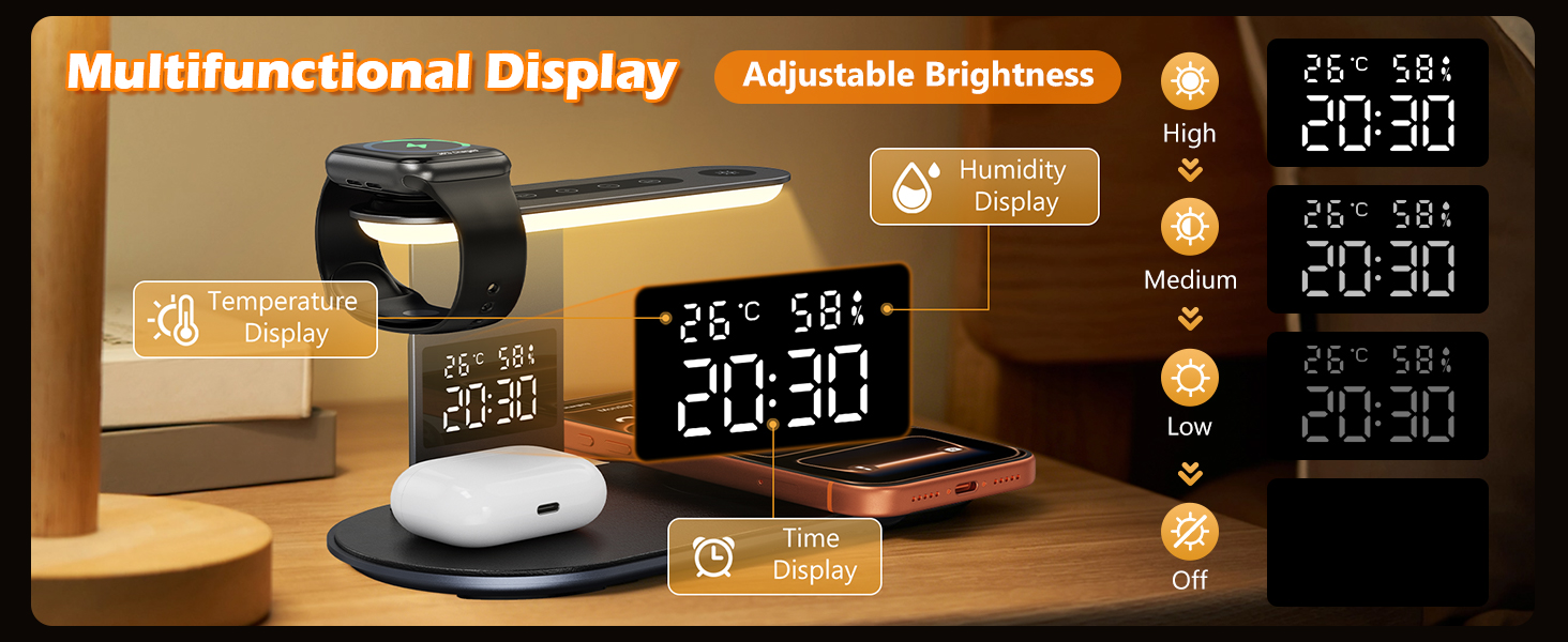 Wireless Charger, 4 in 1 Wireless Charging Station for iPhone with Clock