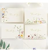 Crisky Thank You Cards 4 Assortment, Gold Foil Watercolor WildFlowers (50 Cards with Envelopes fo...
