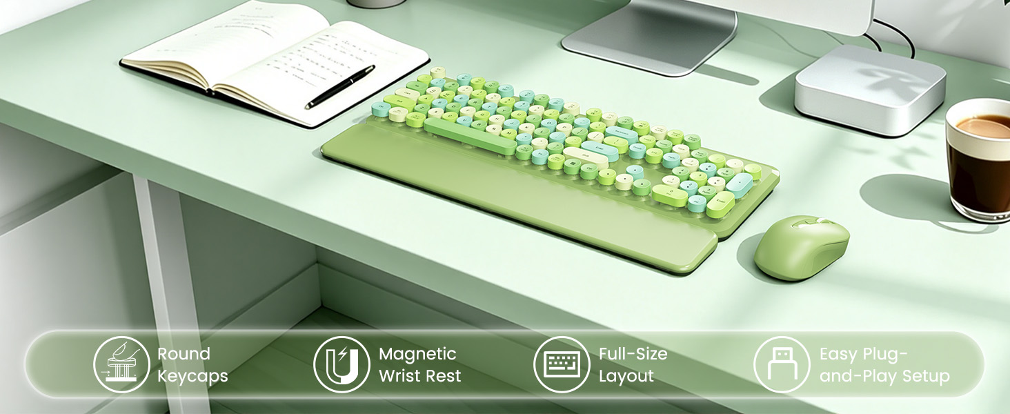 Green retro keyboard and mouse with round keycaps, magnetic wrist rest, and plug-and-play setup.