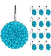 Sunlit Decorative Floral Shower Curtain Hooks, Turquoise Dahlia Pinnata Flower Shower Curtain Rin...