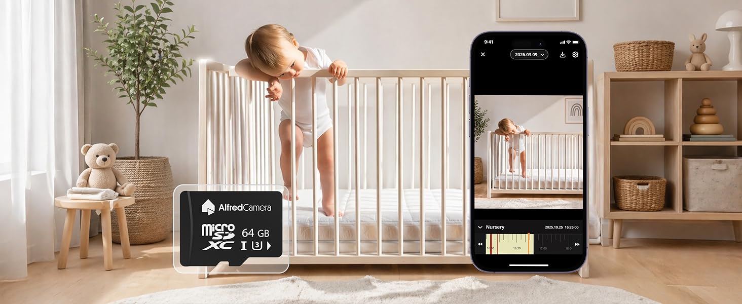 Baby in crib with AlfredCamera app showing 24/7 recording and playback using microSD card.