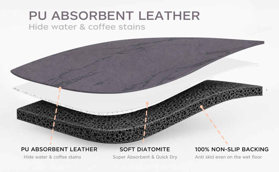 Layered black marble coffee mat with PU leather top, diatomite core, and non-slip backing.