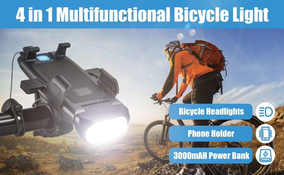 Bicycle light with phone holder, Multifunctional Bicycle light, Bike light with power bank.