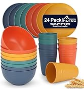 HOTEC 24-Pack Unbreakable Kitchen Plastic Wheat Straw Dinnerware Set – BPA-Free Plates, Bowls & C...