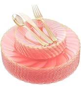 YOUBET 125Pieces Clear Pink Plastic Plates with Gold Rim-Gold Plastic Silverware Include 25 Dinne...