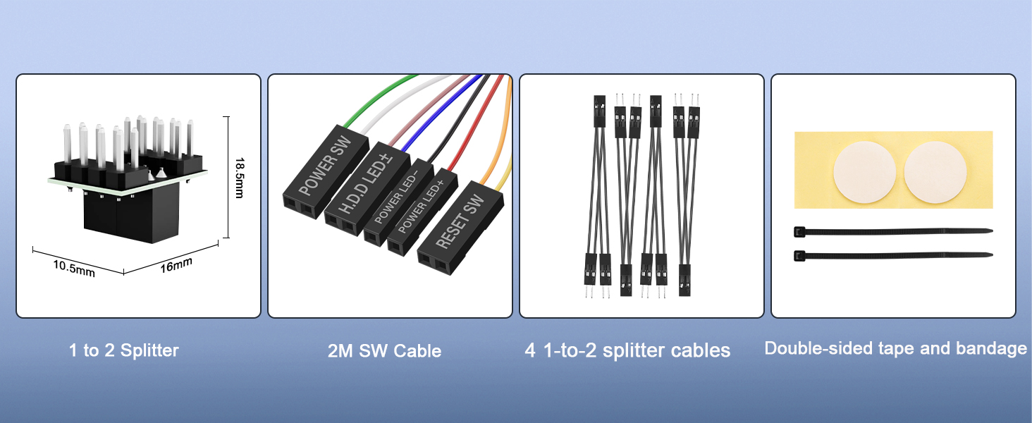 Product accessory diagram showing four different cable or connector options with corresponding illustrations.