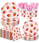 QIYANPAX 168 Pcs Strawberry Birthday Decorations, Includes Plates, Napkins, Cups, Cutlery for Ber...