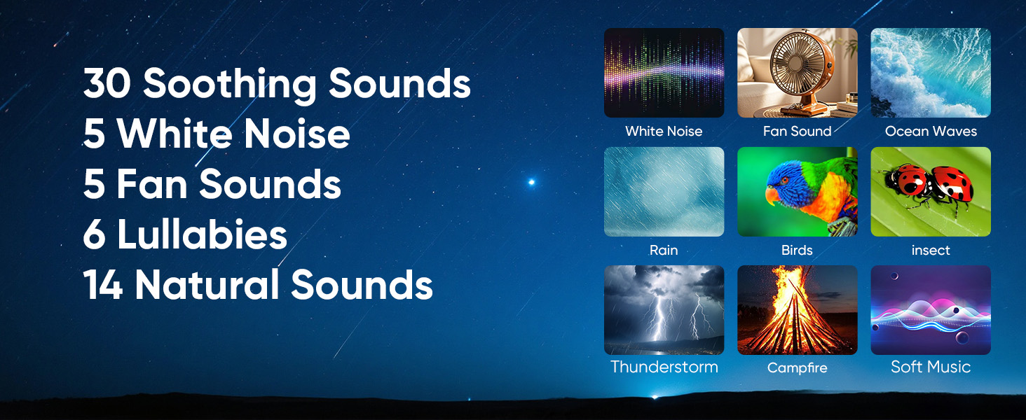 Text reads '30 Soothing Sounds & White Noise', '5 Fan Sounds & Lullabies', '14 Natural Sounds'. Digital interface showing sound selection menu with nature imagery.