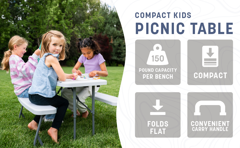 kids table, backyard play, kids toys, compact, fold flat, carry handle, 150 pound capacity, camping