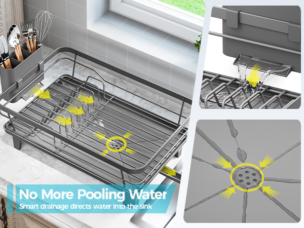 Text reads "No More Pooling Water" with subtitle text below. Dishwasher rack with yellow highlight indicators and drainage detail. Demonstrating improved water drainage system design.
