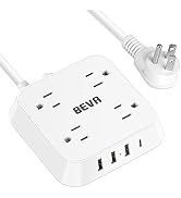 BEVA Surge Protector Power Strip with USB-C, 4 Outlets & 4 USB Ports - 5 FT Extension Cord, Mount...